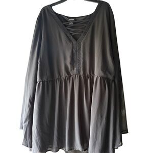 Women’s Plus Size 5X Black Boho Babydoll Tunic Top Sheer Bell Sleeve Lace Trim